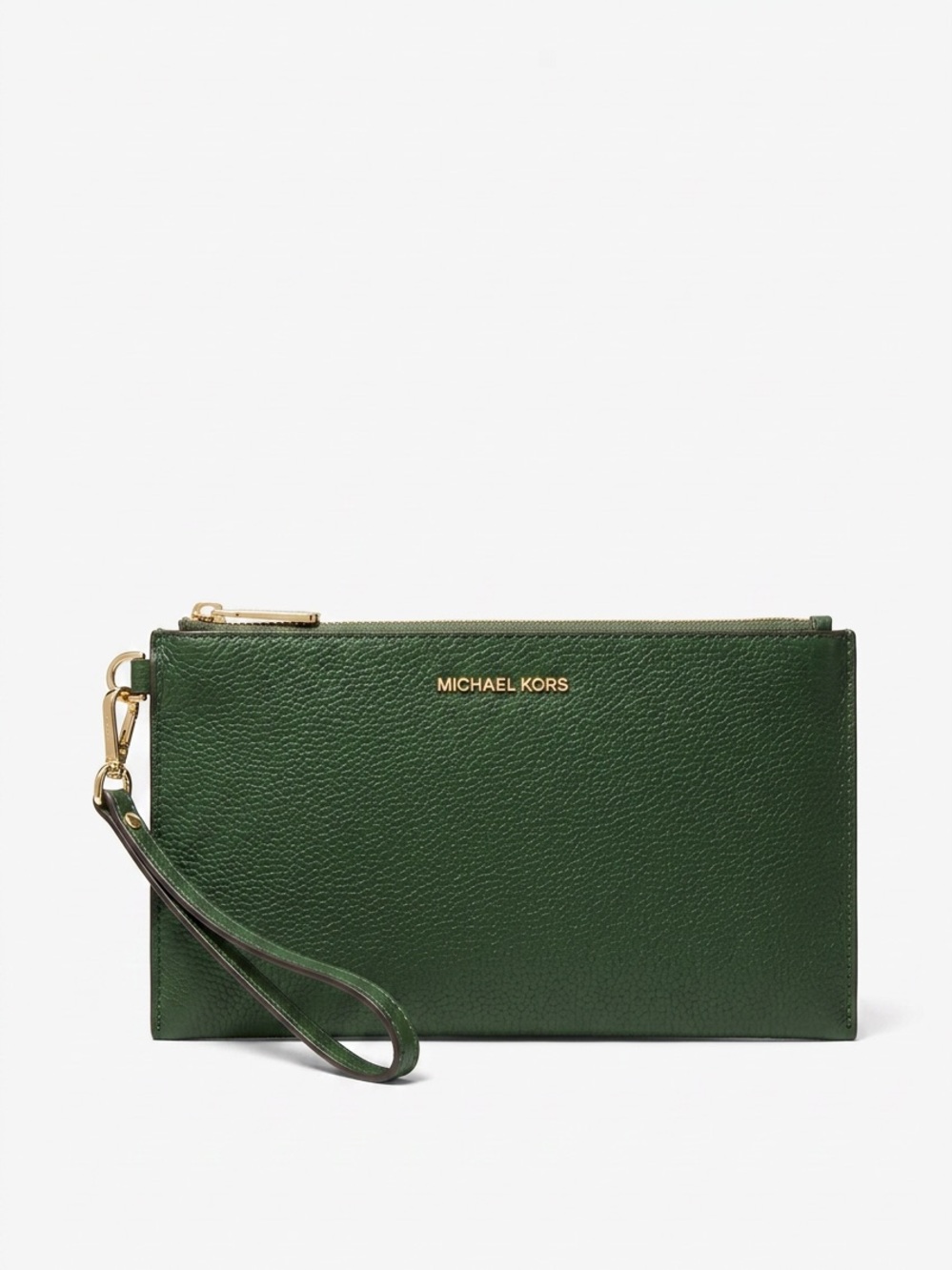 Michael Kors Dark Green Pebbled Leather Wristlet with Gold Hardware